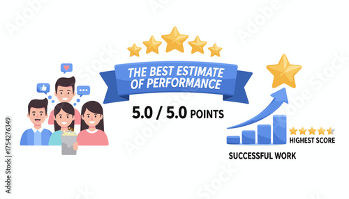 3D five stars rating, best performance estimate concept. Vector illustration of customer satisfaction with people giving positive feedback. Growth chart shows successful work and highest score.