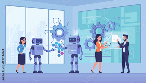 Robotic Process Automation Concept: Diverse team of professionals collaborating with advanced AI robots and futuristic holographic interfaces, showcasing technological innovation and seamless