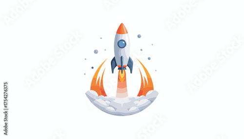 3D rocket launch vector for business startup. Space shuttle flying up. Symbol of success, project boost, innovation, marketing, and technology development. Spaceship icon.