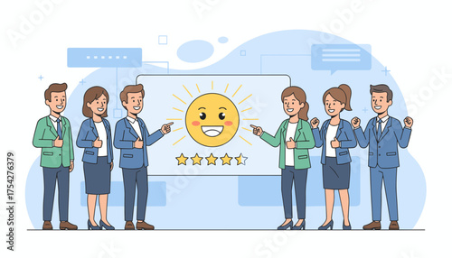 Diverse team of professionals celebrating excellent customer satisfaction, represented by a smiling sun and five stars on a digital screen, symbolizing positive feedback and successful business
