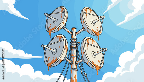 A cluster of four rusty, old, white satellite dishes mounted on a central pole, set against a vibrant blue sky with fluffy white clouds, suggesting outdated technology or a communication breakdown.