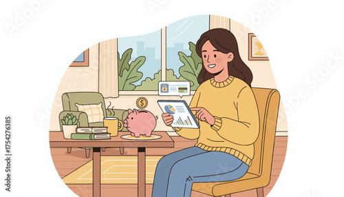 Young woman happily managing personal finances on a digital tablet at home, with a piggy bank and financial charts visible, symbolizing smart savings and investment strategies for a secure future.
