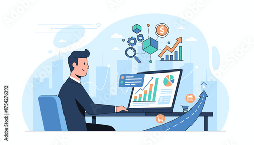 Modern flat illustration of a businessman analyzing sales performance data on a laptop, with charts, graphs, and business icons symbolizing growth, strategy, and financial success in a city skyline