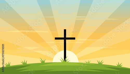 Silhouette of a Christian cross standing tall on a grassy hill against a vibrant sunrise, with radiating sunbeams and soft clouds creating a serene and hopeful atmosphere, symbolizing faith
