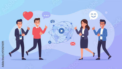 Diverse group of professionals in a modern, abstract setting, celebrating successful social media engagement with thumbs-up gestures, a heart icon, and communication symbols, representing teamwork