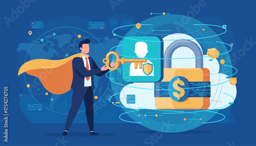 Superhero businessman with a golden key unlocking a digital padlock with a dollar sign, symbolizing strong password for cyber security and high protection, global network background, data security