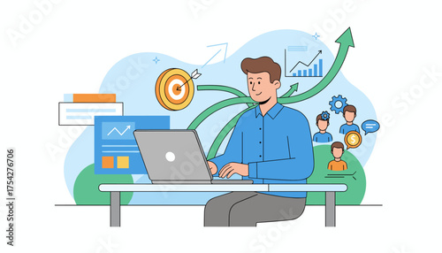 Modern flat illustration of a businessman working on a laptop, surrounded by business growth charts, a target with an arrow, team collaboration icons, and upward trending arrows, symbolizing