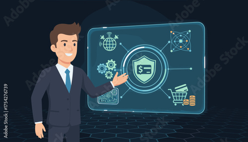 Business man presenting a digital interface showcasing financial security, online shopping, and technological connectivity, representing modern business and finance concepts with a futuristic