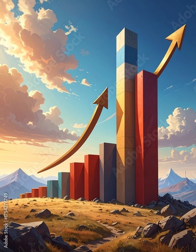 Animated illustration of a bar graph with upward arrows, atop a hill. Sky with clouds, mountains