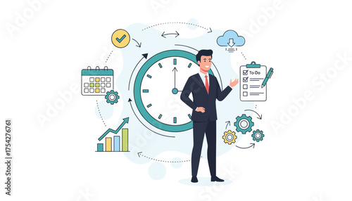 Modern flat illustration of a businessman surrounded by icons representing time management, productivity, and business growth, including a clock, calendar, to-do list, charts, gears, and cloud