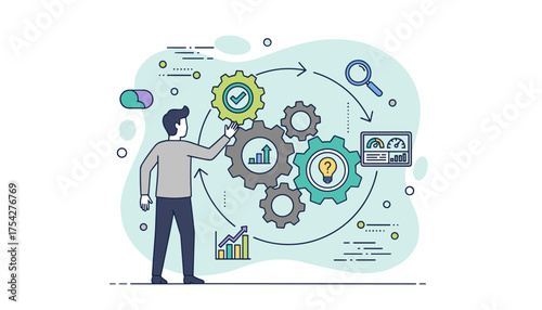 Business technology concept illustration of a manager interacting with gears and icons representing data analysis, idea generation, and performance metrics, symbolizing workflow optimization and