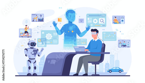 Futuristic technology concept: a man wearing VR glasses interacts with a holographic AI assistant and a robot, surrounded by data visualizations and smart city elements, representing innovation and