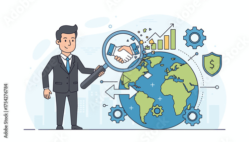 A smiling businessman in a suit holds a magnifying glass over a handshake, symbolizing trust and collaboration in global business partnerships, with a backdrop of the Earth, financial charts, and