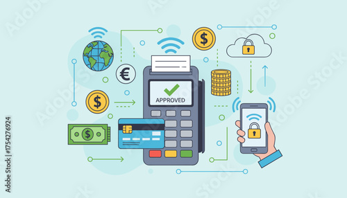 Vibrant vector illustration depicting secure financial transactions, showcasing contactless payment via credit card and smartphone, with icons representing global currency, digital cloud storage, and