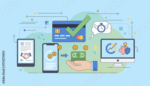 Digital financial transaction process illustration with credit card approval, mobile payment, cash transfer, and investment growth on computer screen, symbolizing secure and efficient online banking