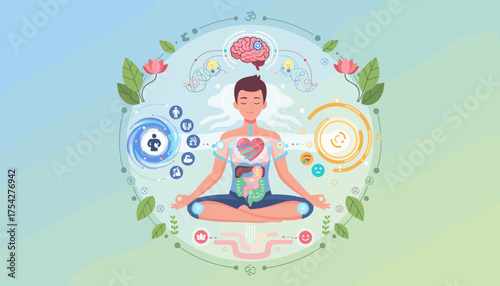 Vivid vector illustration depicting the concept of meditation and yoga for holistic health, showcasing a person in a lotus pose with visualized internal organs, brain, and symbolic icons representing