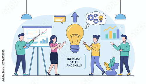 Vibrant vector illustration depicting a dynamic office training session focused on increasing sales and skills, featuring a team collaborating around a presentation board, a glowing lightbulb