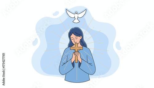 A serene woman with closed eyes and a gentle smile holds a wooden Christian cross to her chest, bathed in divine light emanating from a white dove descending from above, symbolizing faith, prayer