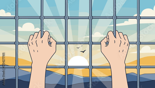 Two hands gripping the bars of a cage, looking out at a beautiful sunrise with birds flying, symbolizing hope, freedom, and the desire to escape confinement or difficult situations.