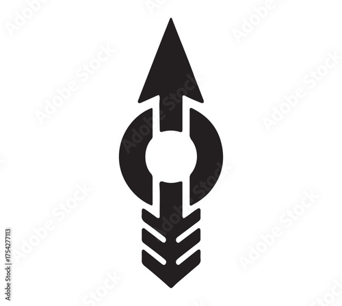A black tribal symbol representing duality with opposing arrows pointing up and down through a central ring. O logo