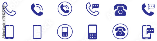 Set of blue phone and communication icons showing different call, chat, and mobile device symbols isolated on white background. Ideal for contact, support, or communication design. vector illustration