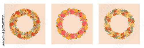 Autumn wreaths set. Fall leaves, plants, branches. Decorative frames of autumn leaf wreaths