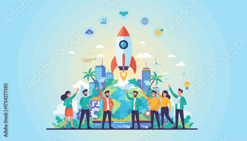 Vibrant illustration depicting the exciting launch of a new business venture, symbolized by a rocket ascending from the Earth, surrounded by a diverse team of professionals, modern cityscapes