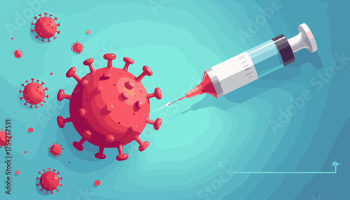 Vibrant 3D illustration depicting a syringe injecting a vaccine into a large red coronavirus particle, symbolizing the fight against the pandemic and the development of effective treatments and cures