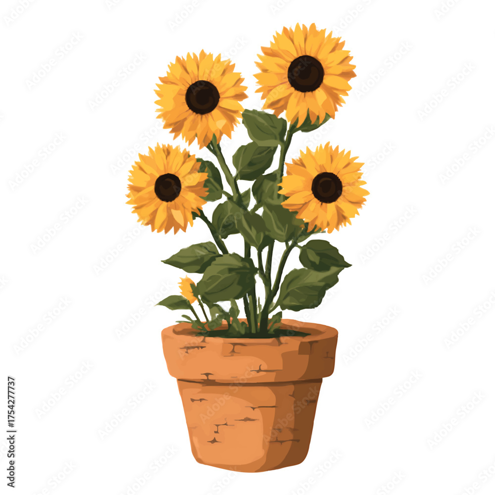 Obraz premium Watercolor illustration of sunflowers in a terracotta pot on a watercolor illutrastion transparent background