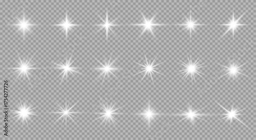 Glowing white stars with shimmering rays and lens flare effects. Great for Christmas designs and magical illustrations. Transparent background format.