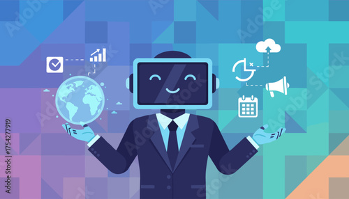 Vivid illustration of a friendly robot businessman holding the Earth in one hand and surrounded by icons representing business analytics, cloud computing, scheduling, and marketing, symbolizing
