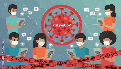 Vivid illustration of the 2019-nCoV coronavirus, symbolizing quarantine and social distancing, with people wearing masks and using digital devices for communication and information during the