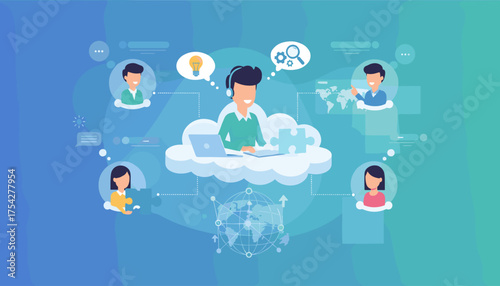 Vivid vector illustration of an online assistant working on a cloud platform, surrounded by team members and global connections, symbolizing collaboration, support, and digital communication in a