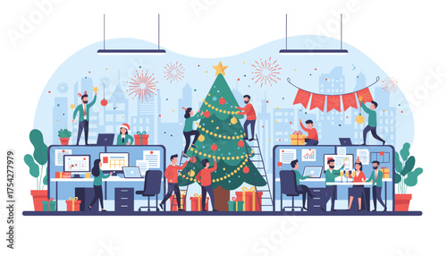 Vibrant flat illustration of diverse small people joyfully decorating a Christmas tree in a modern office setting, celebrating the holiday season with gifts, confetti, and festive lights, symbolizing
