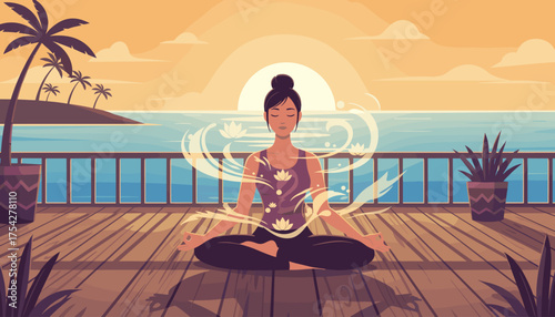Serene woman meditating in lotus pose on a wooden deck overlooking the ocean at sunset, surrounded by ethereal lotus flowers and gentle water swirls, symbolizing peace and mindfulness in a tropical