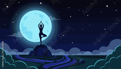 Silhouette of a woman performing a yoga tree pose on a rock formation under a large, luminous blue full moon against a starry night sky, symbolizing peace, balance, and connection with nature during