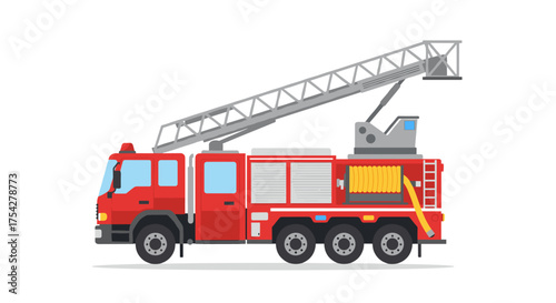 Flat vector illustration of a red fire truck with a large extendable ladder, an emergency vehicle used by firefighters for rescue and putting out fires