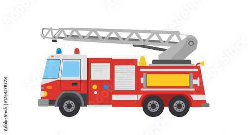 Illustration of a Classic Red Fire Engine with Extended Ladder