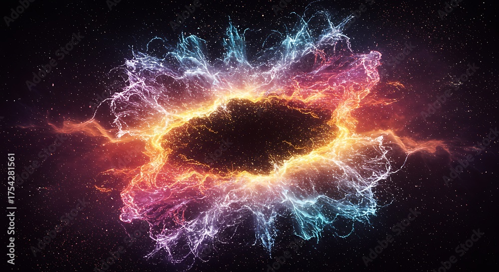 Fototapeta premium Vibrant abstract cosmic energy burst, a brilliant nebula explosion with swirling colorful light expanding through the depths of space, creating a dynamic and mesmerizing celestial spectacle