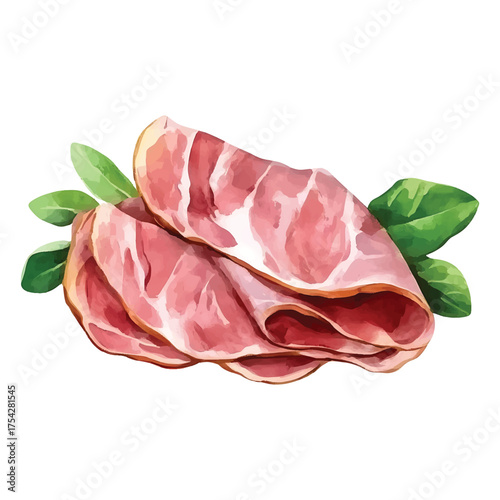 Watercolor slices of cured ham with fresh green leaves cured watercolor illutrastion transparent background