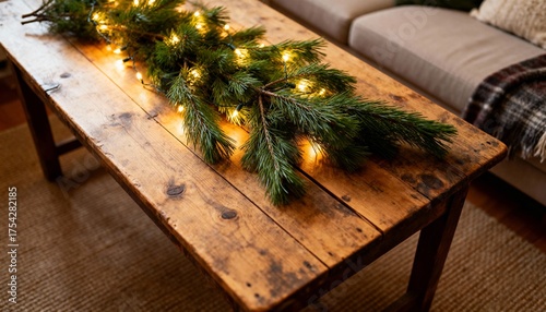 Wooden coffee table with pine garland and glowing lights on cozy, pastel interior background. Cozy interior Christmas holiday decoration.