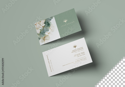 Modern Business Cards On Green Background Mockup