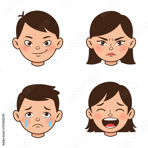 Cartoon faces showing different emotions happy angry sad and mischievous.