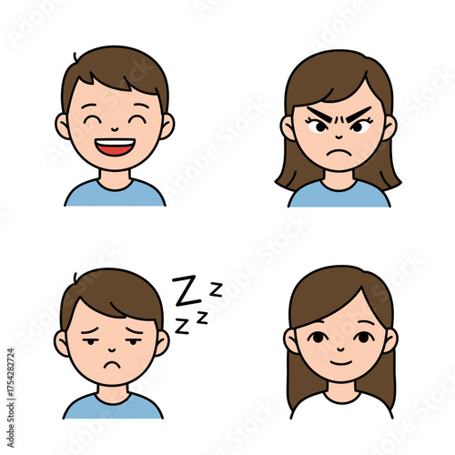 Cartoon faces showing different emotions happy angry sad and calm.