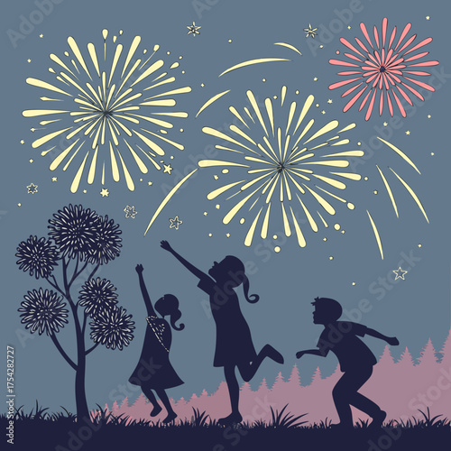 Vector art of children watching fireworks show