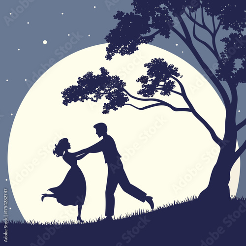 Vector art of couple dancing under moonlight