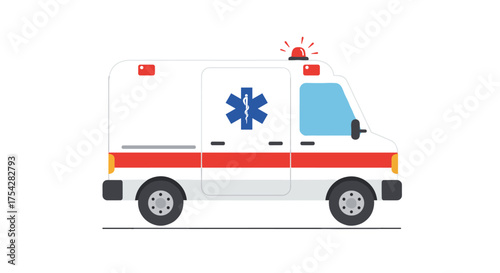 Emergency medical transport ambulance vehicle with siren and Star of Life symbol for urgent care and rescue services