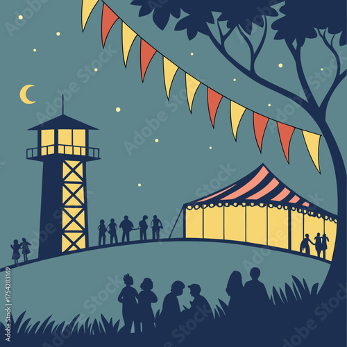 Vector art of festival night with tower and tent