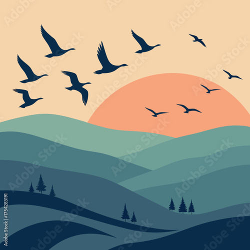 Vector art of geese flying over the hills