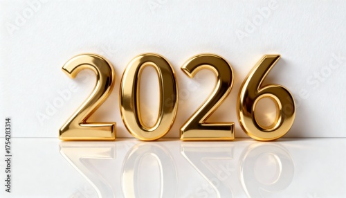 High resolution holiday card with golden glossy numbers 2026 on a white studio background. New Year and holiday celebration. Perfect for festive cards, calendars, posters and seasonal designs.